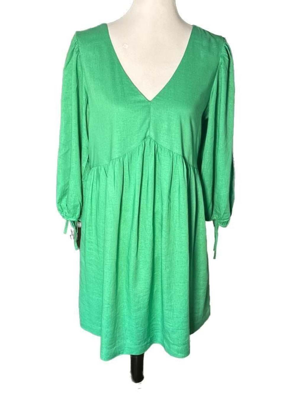 NWT EVERY Linen Mini Dress in Kelly Green, Faux Wrap Puff Sleeves, Size M